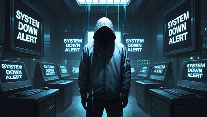 A hooded figure stands in a dimly lit server room, surrounded by monitors displaying 'System Down Alert.'