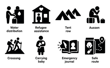 Obraz premium Emergency response silhouette icon set: disaster relief, refugee aid essentials