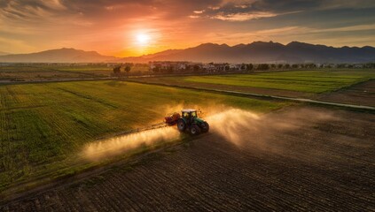 Fototapeta premium Agriculture at Sunset Tractor Spraying Field Under Golden Light