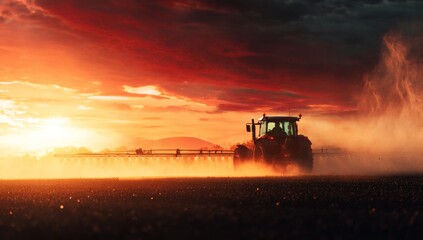 Fototapeta premium Tractor Spraying Field at Sunset Agricultural Landscape under Fiery Sky