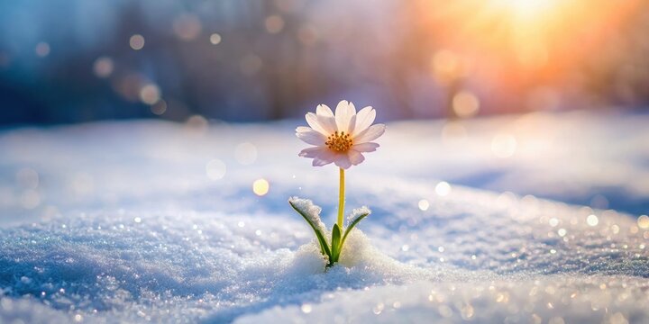 A delicate flower blooming in a harsh winter environment, symbolizing hope and resilience , resilience, winter