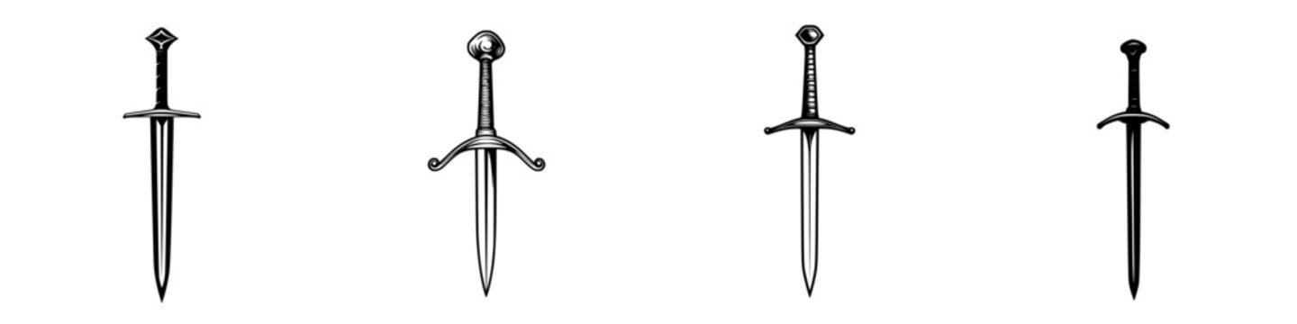 Collection of black icons depicting different types of swords with detailed hilt designs showcased on a plain background