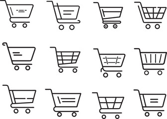 A selection of shopping cart icons is presented, offering a versatile design for e-commerce, retail, and shopping themes. These icons represent a classic symbol of commerce.