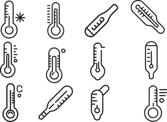 A collection of meticulously crafted thermometer icons, each a symbol of precision and accuracy, representing a spectrum of temperature readings and applications.
