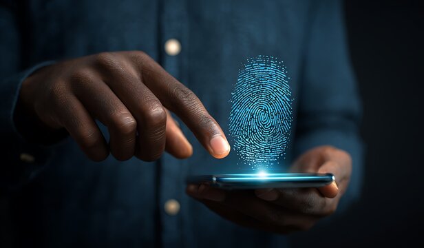 High quality photo of businessman is touching on digital identity with a fingerprint in a blue shirt. He is using a smartphone for the security technology concept of biometrics. No.