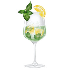 Cool drink mojito in a glass watercolor drawing. Hand drawn illustration of alcoholic drink with ice, lemon and mint on white background. Clip art of drinks. Ideal for bar and restaurant menu on the