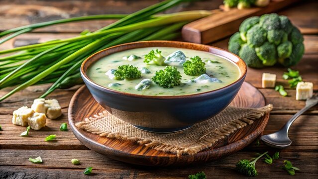 A steaming bowl of broccoli and blue cheese soup, topped with a sprinkle of chopped fresh chives on a rustic wooden table , kitchen, wooden tables