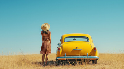Woman in red dress walks near yellow retro car on summer day. Clear sky, golden field, peaceful moment of road trip escape and wanderlust. Captures freedom, nature, color, and vintage travel vibes