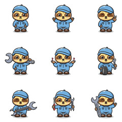 Vector Illustration of Sloth Mechanic Cartoon Character. Mechanic Character Vector Illustration. Sloth Character animal. Mechanic Mascot.