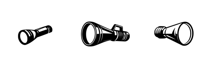 Three black flashlight icons illustrating various designs for personal or professional use in different environments at any time