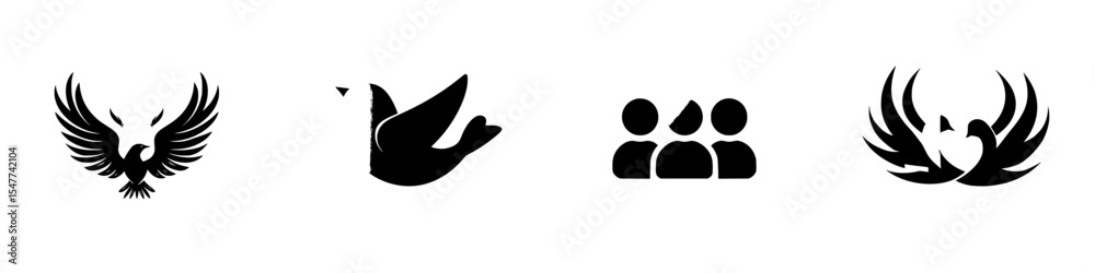 Poster set of black icons representing different visual elements including birds and group figures for use 