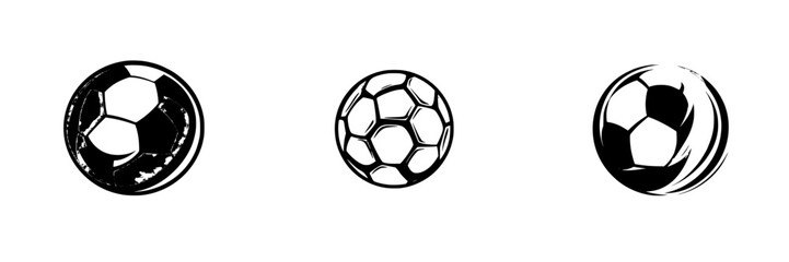 Obraz premium Black icon set of three soccer balls in different styles representing motion, design, and sport aesthetics for creative projects
