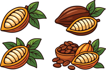 Illustrations of Cacao Pods Beans and Leaves on a White Background Perfect for Chocolate Designs