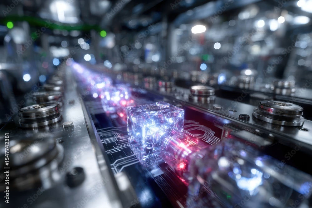 Poster tech innovation showcases a futuristic circuit with glowing blocks in a high-tech environment