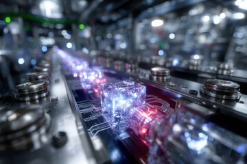 Tech innovation showcases a futuristic circuit with glowing blocks in a high-tech environment