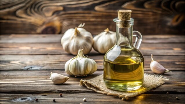 A bottle of cold press garlic oil with a glass stopper and a rustic wooden background, garlic oil, food
