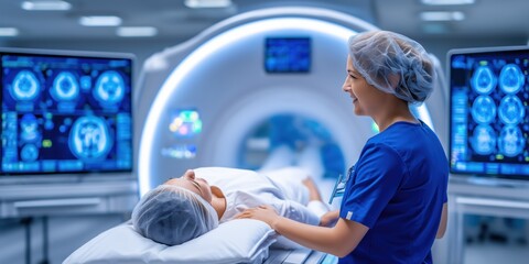 Doctor comforting patient before mri scan in modern hospital