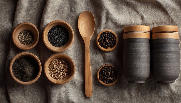 High quality photo of collection of bamboo kitchen utensils, including one wooden spoon and three small bowls filled with various spices like black pepper or mustard powder. A set.