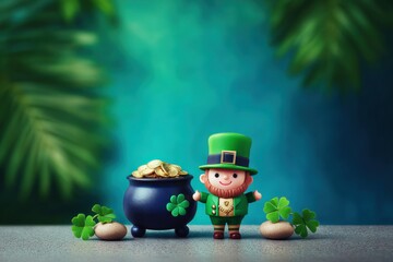 Whimsical Leprechaun Figurine with Pot of Gold and Clovers on Teal Background