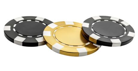 Set of three, casino tokens in gold, silver, and black. Each is separately isolated on white