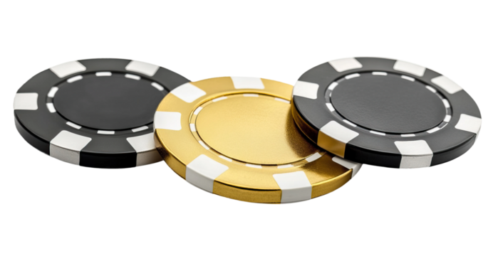 Set of three, casino tokens in gold, silver, and black. Each is separately isolated on white