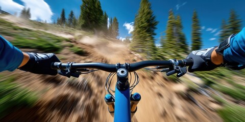 Mountain biker riding downhill trail at high speed experiencing thrill of extreme sport