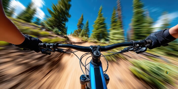 Cyclist riding mountain bike on trail at high speed, first-person view