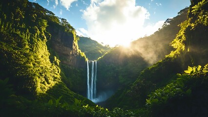 Tropical Waterfall in Lush Green River Valley with Vibrant Forest and Blue Sky | Generative AI