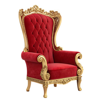 A regal red velvet throne chair with gold leafing isolated on transparent background, Cut out