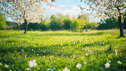 Spring Meadow with Blossoming Cherry and Apple Trees, Butterflies, and Lush Green Grass in a Joyful Atmosphere | Generative AI
