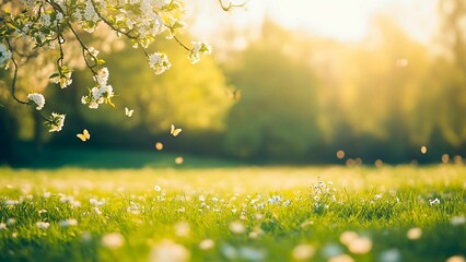 Spring Meadow with Blossoming Cherry and Apple Trees, Butterflies, and Lush Green Grass in a Joyful Atmosphere | Generative AI