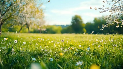 Spring Meadow with Blossoming Cherry and Apple Trees, Butterflies, and Lush Green Grass in a Joyful Atmosphere | Generative AI