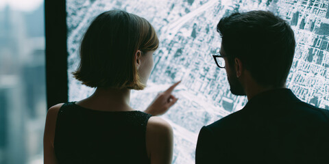 Two people are studying a digital map on a large interactive screen. Concept: navigation, technology