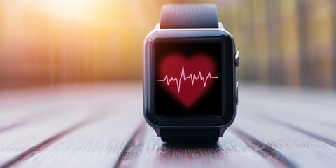 Smartwatch on a wooden surface displays a red heart with a heartbeat line across it. Concept: Health monitoring technology, wearable fitness