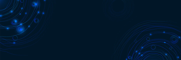 Futuristic neon abstract background with circular data rings and glowing lines on dark backdrop. Perfect for technology presentations, AI concepts, and digital network interfaces.