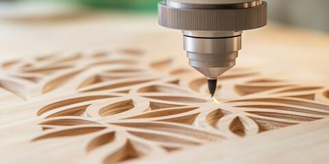A laser engraving machine is carving intricate patterns on a wooden surface. Precision, technology, woodwork, craftsmanship