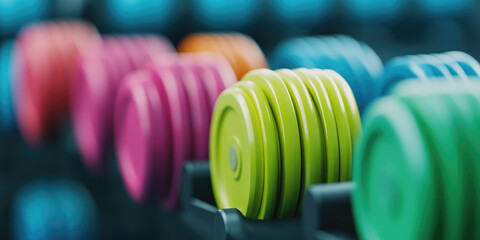 Colorful dumbbells are neatly arranged in a row, with focus on green weights. Fitness equipment and gym concept