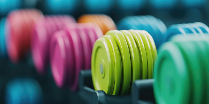 Colorful dumbbells are neatly arranged in a row, with focus on green weights. Fitness equipment and gym concept
