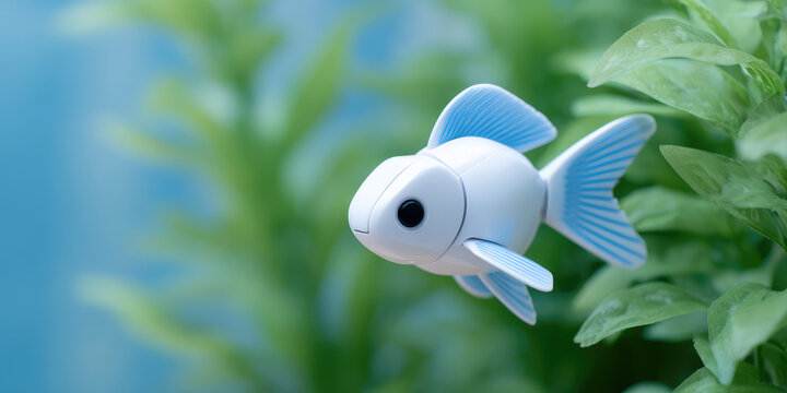 A toy fish with blue fins is floating near green leaves, simulating underwater movement. Toy fish, nature, simulation, aquatic, play