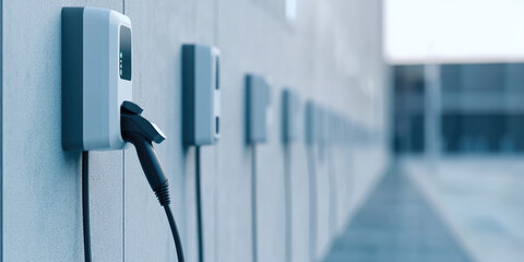 Electric vehicle charging stations are mounted on a wall with cables attached. Sustainable technology and clean energy