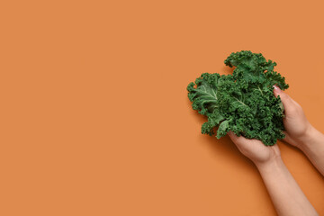 Female hands with fresh leaves of kale cabbage on orange background