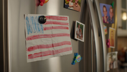 Child's Patriotism: USA Flag Drawing on Refrigerator