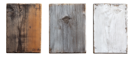 Set of wooden planks - rustic wood textures in brown, grey, and whitewash. Each element separately on a white background.