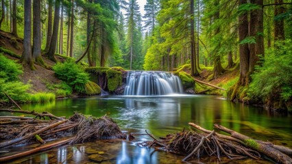 Obraz premium A small beaver dam in the midst of a serene forest, creating a gentle waterfall at North Fork Little Butte Creek, surrounded by lush greenery and towering trees , beaver, wildlife photography