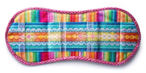 A feminine sanitary pad with a unique design element such as a colorful stripe or texture, adding visual interest to an otherwise mundane product , absorbency, colorful patterns