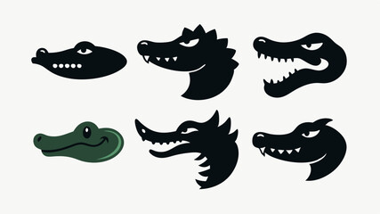 Stylized collection of six crocodile or alligator silhouettes, showcasing various expressions and angles