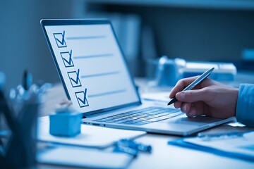 High quality photo of person holding an open laptop computer with check marks on the screen, symbolizing document verification. The hand is depicted using a pen to mark off boxes.