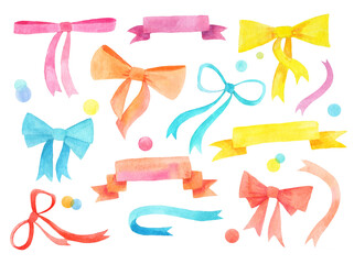 set of various watercolor bows, banners and ribbons in bright colors, pink, orange, yellow, and blue, hand drawn illustration