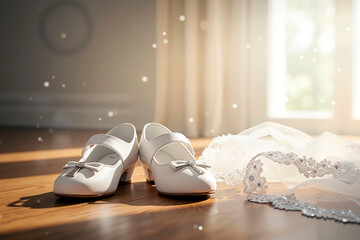 First communion shoes on wooden floor next to elegant white veil