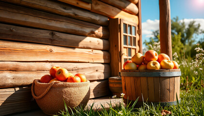 Fresh apples in baskets near wooden cellar outdoors